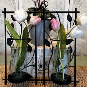 Rustic Leaves Candle/Vase Holder Set, Black, Metal, SET/2